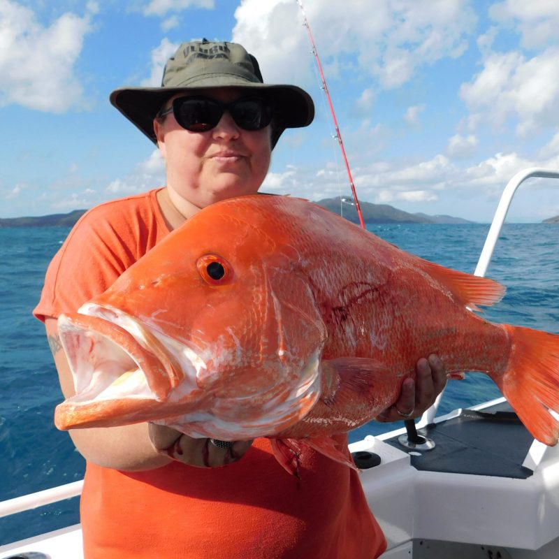 a woman posing for the camera holding up the fish she caught with airlie beach fishing charters in airlie beach, queensland